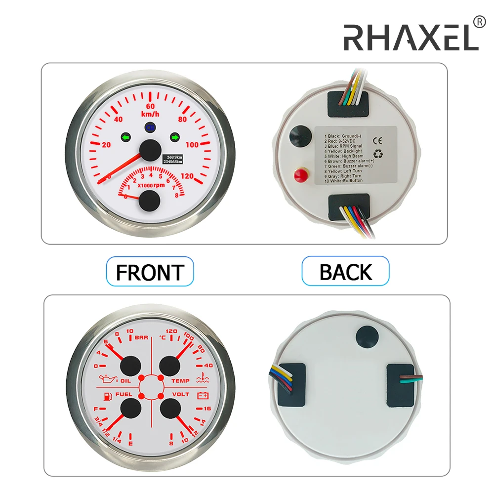 RHAXEL 2 Gauge Set Auto 85mm 2in1 120KM/H Speedometer GPS with Tachometer 4in1 Fuel Level Water Temp. Oil Pressure Voltmeter 12V