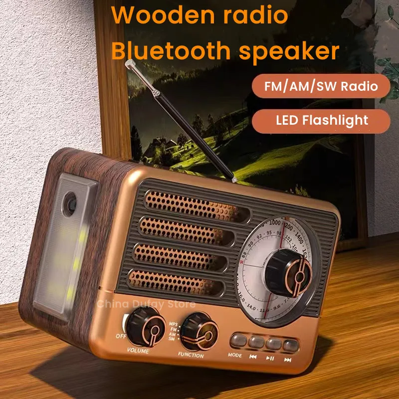 

Retro Wooden Mini Radio Portable Bluetooth Speaker FM/AM/SW Receiver Vintage with LED Flashlight Suuport TF Card USB AUX Play