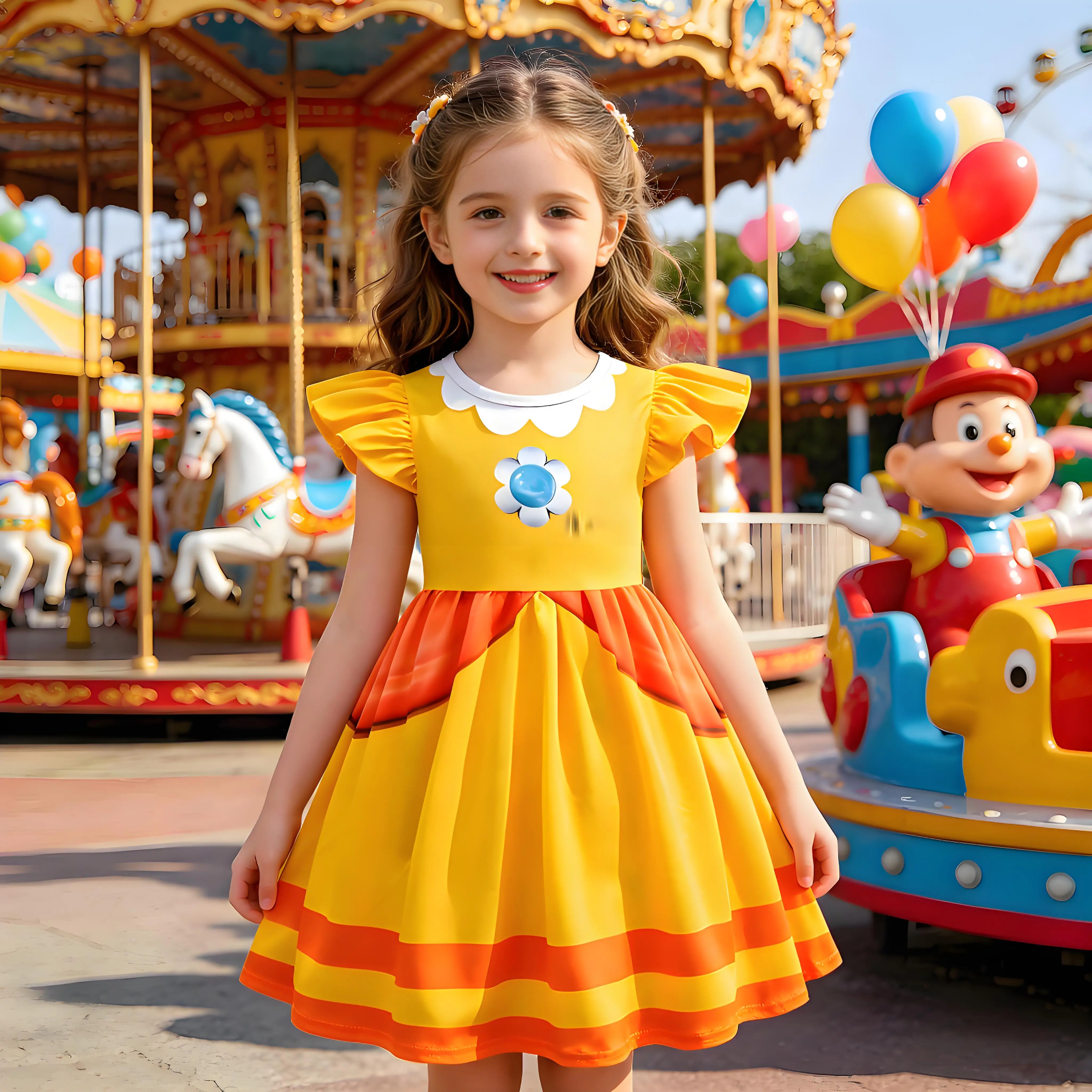 2026 Girls Cosplay New Princess Daisy Cute Short Sleeve Yellow Dress Halloween Carnival Party Costume Kids Birthday Fancy Outfit