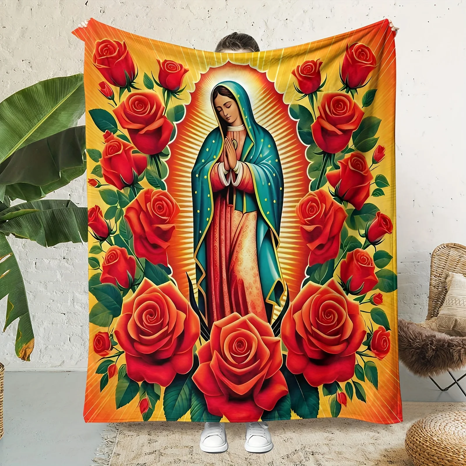 Virgin Mary Our Lady of Guadalupe Red Roses Blanket Soft Warm All Season Cozy Throw Gift Bed Couch Wrap Decor