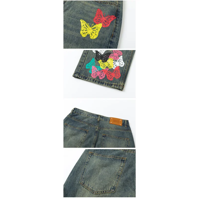 2024 fall new high-end retro loose straight men's jeans personalized butterfly print men and women with the same models