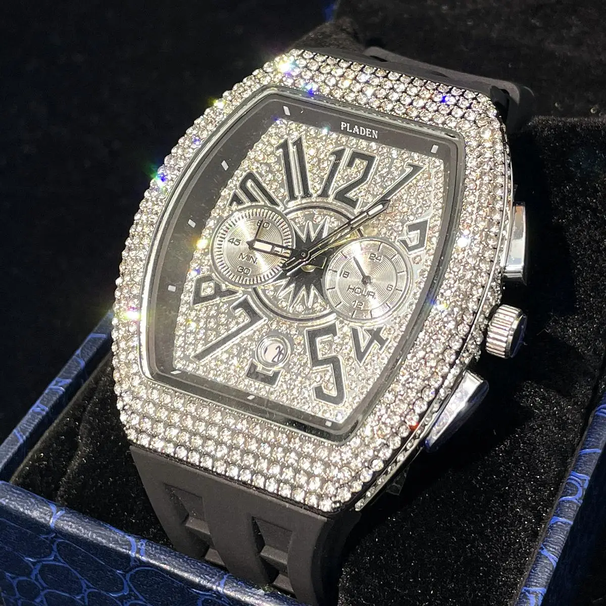 

Роскошные мужские часы Tonneau Diamond с силиконовым ремешком, большим циферблатом, кварцевым механизмом, в стиле хип-хоп, с бриллиантами, для повседневного и спортивного образа