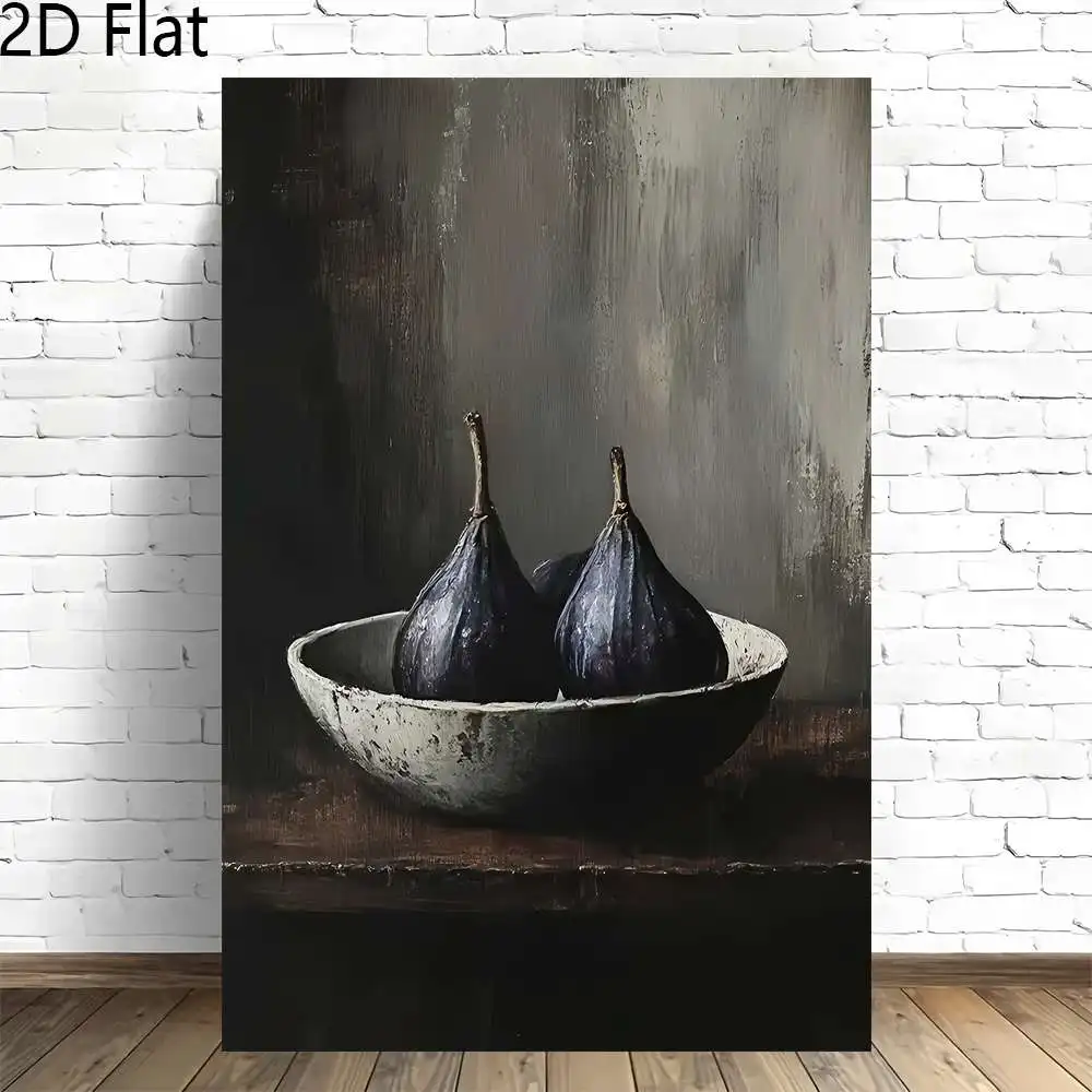 2D Flat, 2D Flat, 2D Flat 1pc Frameless Canvas Art Featuring a Still Life of Purple Figs Against a Dark Backdrop, Ideal for D