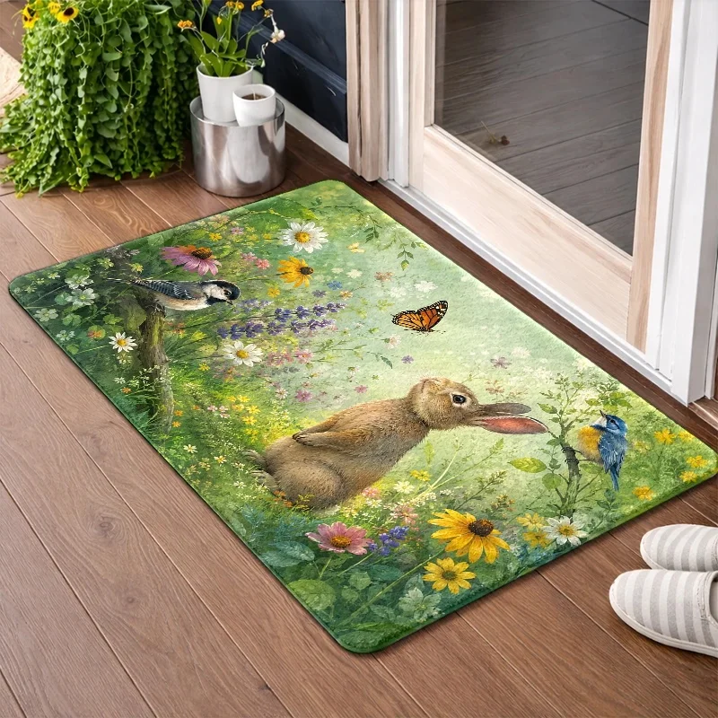 Whimsical Cottagecore Spring Meadow Bunny Floral Polyester Rug Mat for Bedroom Living Room Hallway Home Decoration Runner