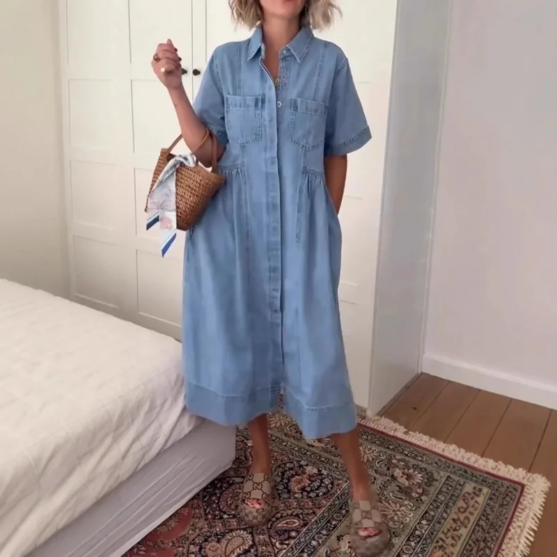 

Spring Summer New Hot Sale Fashion New Women'S Clothing Turn-Down Collar Pocket Skirt