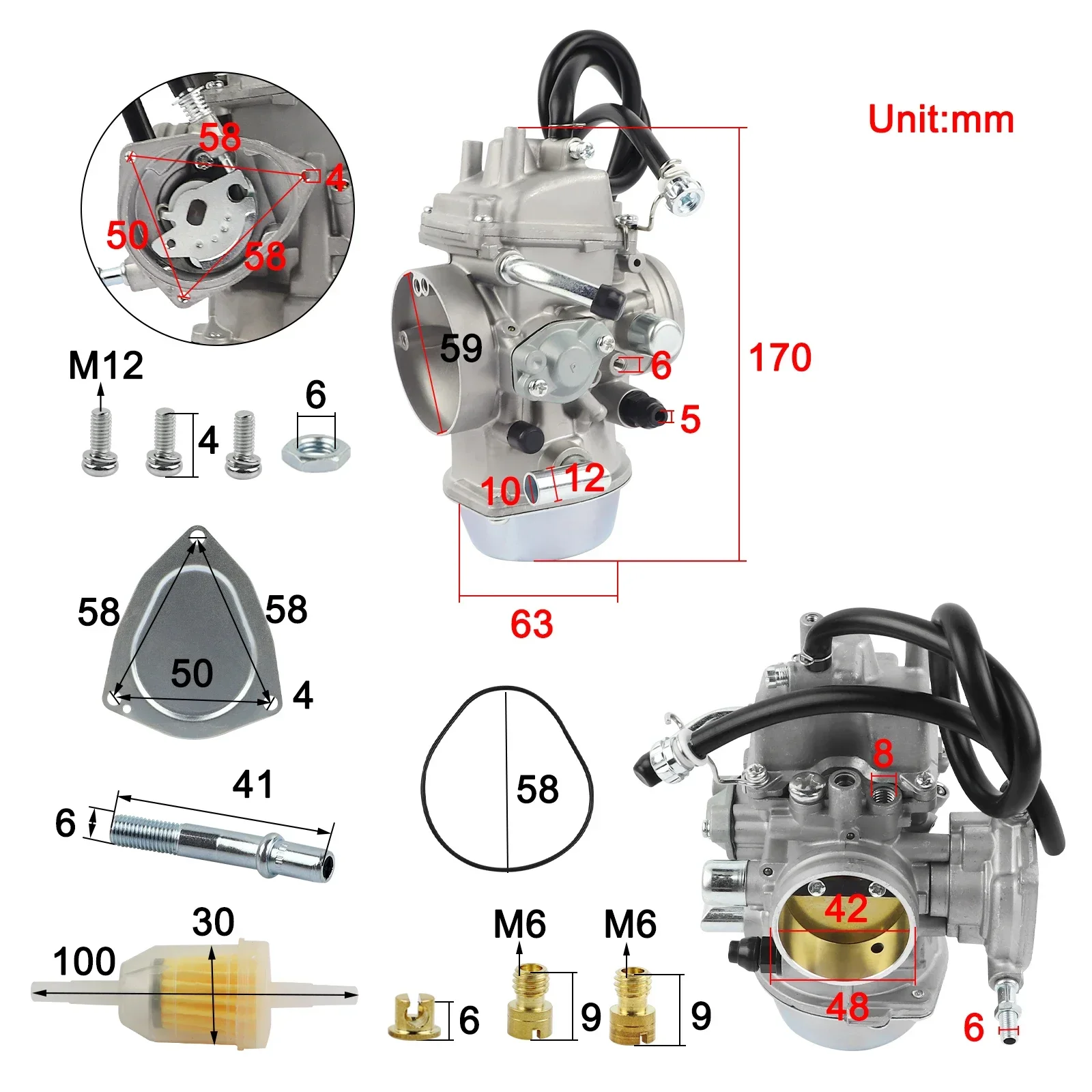 Yamaha PD42J 42mm Carburetor for Yamaha Predator 500 Grizzly 600 660 YFM600 YFM660 Outlaw 500 Rhino 660 YXR660 Bombardier Can-Am