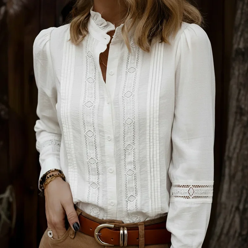 

2025 Autumn New Elegant Literary and Artistic Style Lace Splicing Stand-up Collar Long-sleeved White Shirt Women