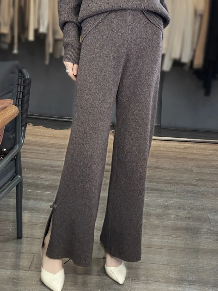 Autumn and Winter New 100% Pure Wool Knitted Wide Legged Pants for Women with Pan Button Pant Mouth Design and Split Fashion Pan