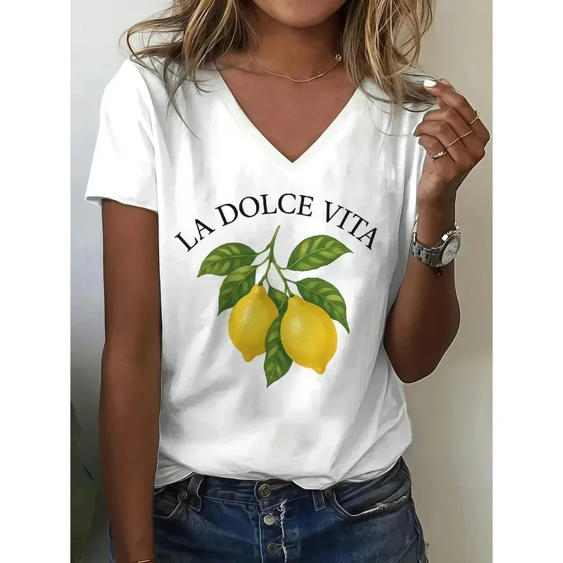 Retro La Dolce Vita T-shirt with Lemon Print, V-neck, Casual Y2K Style, Short Sleeve T-shirts for Women