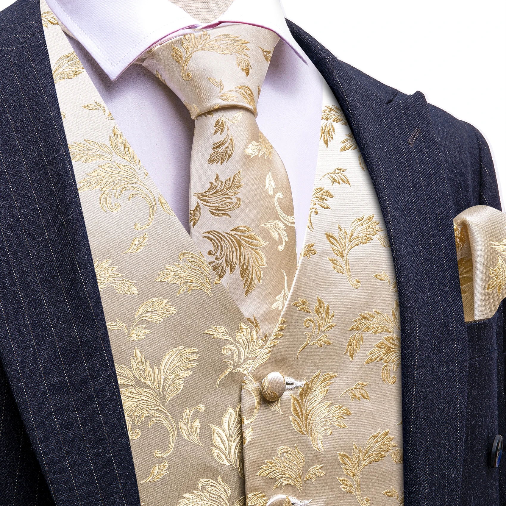 Luxury Silk Mens Vest Gold Beige Flower Embroidered Waistcoat Tie Set Wedding Business Party Suits Sleeveless Jacket Barry Wang