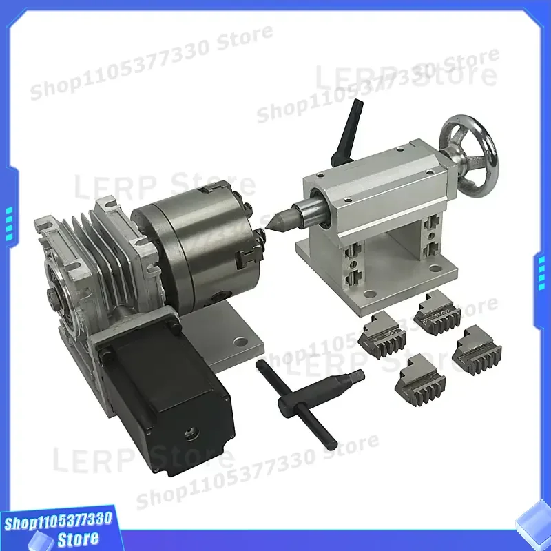 4th Axis Rotary Shaft with 80mm 4 Jaw Chuck for CNC Router Milling Machine Wood Metal Splitting Head Numerical Control Device