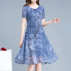 2023 Women's Clothing New Elegant Fashion Casual Patchwork Printing Pleated Short Sleeve Temperament Round Neck Skinny Dresses