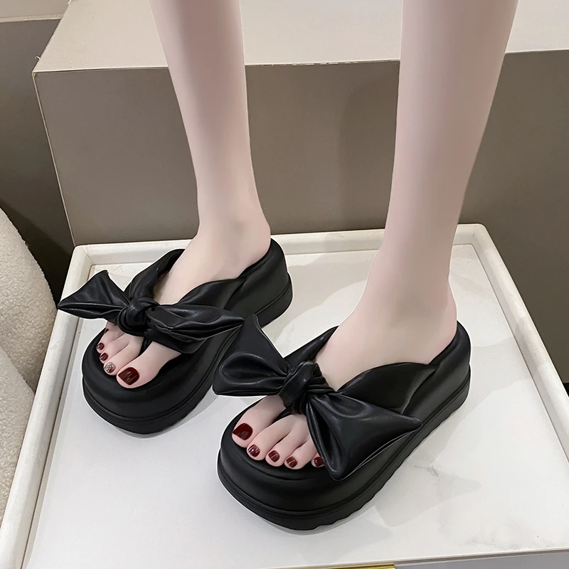 

Women Summer High Platform Slippers New 2022 Bowknot Wedges Sandals Woman Outdoor Beach Thick Bottom Slides Black Shoes Zapatos