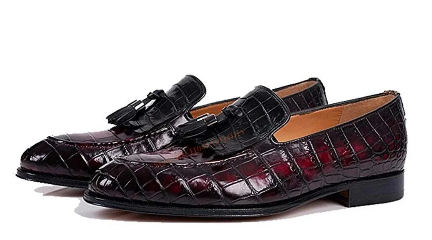 Alligator Pattern Embroider Tassel Loafer Round Toe Slip On Man Casual Shoes Plus Size 47