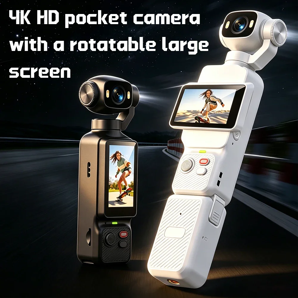 2026 Handheld Gimbal Action Camera 4K HD 180° Rotatable Lens Anti-shake Pocket Vlog Camera with Fill Light for Outdoor Sports