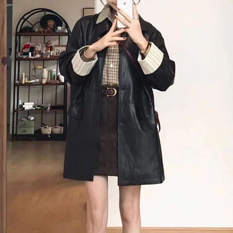 سترة نسائية من الجلد الأسود قصيرة مقاس كبير، نمط عصري رائع، مشاعر أمريكية راقية، نمط جديد مشهور جدًا