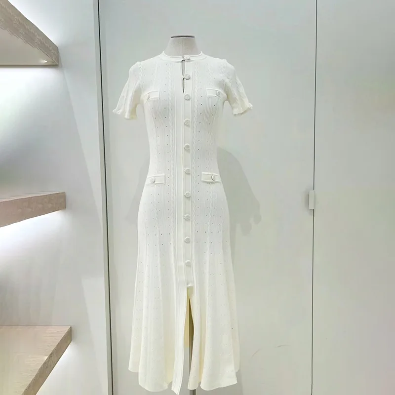 Vestido de punto a rayas para mujer, ropa larga ajustada con cuello redondo, manga corta, dulce, Primavera, 2024