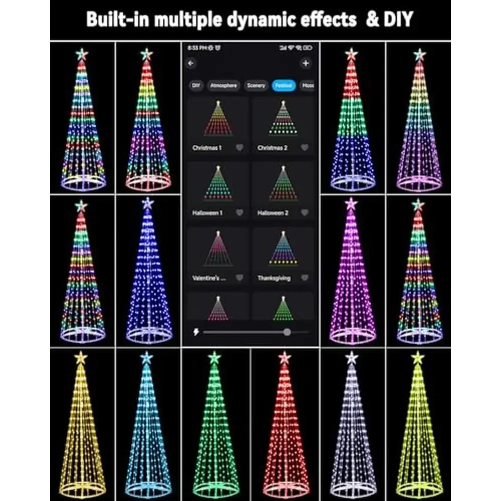 أضواء شجرة عيد الميلاد LED الذكية مع التحكم في التطبيق ومزامنة الموسيقى مقاومة للماء ومؤقت وميض داخلي/خارجي مخروط متغير اللون