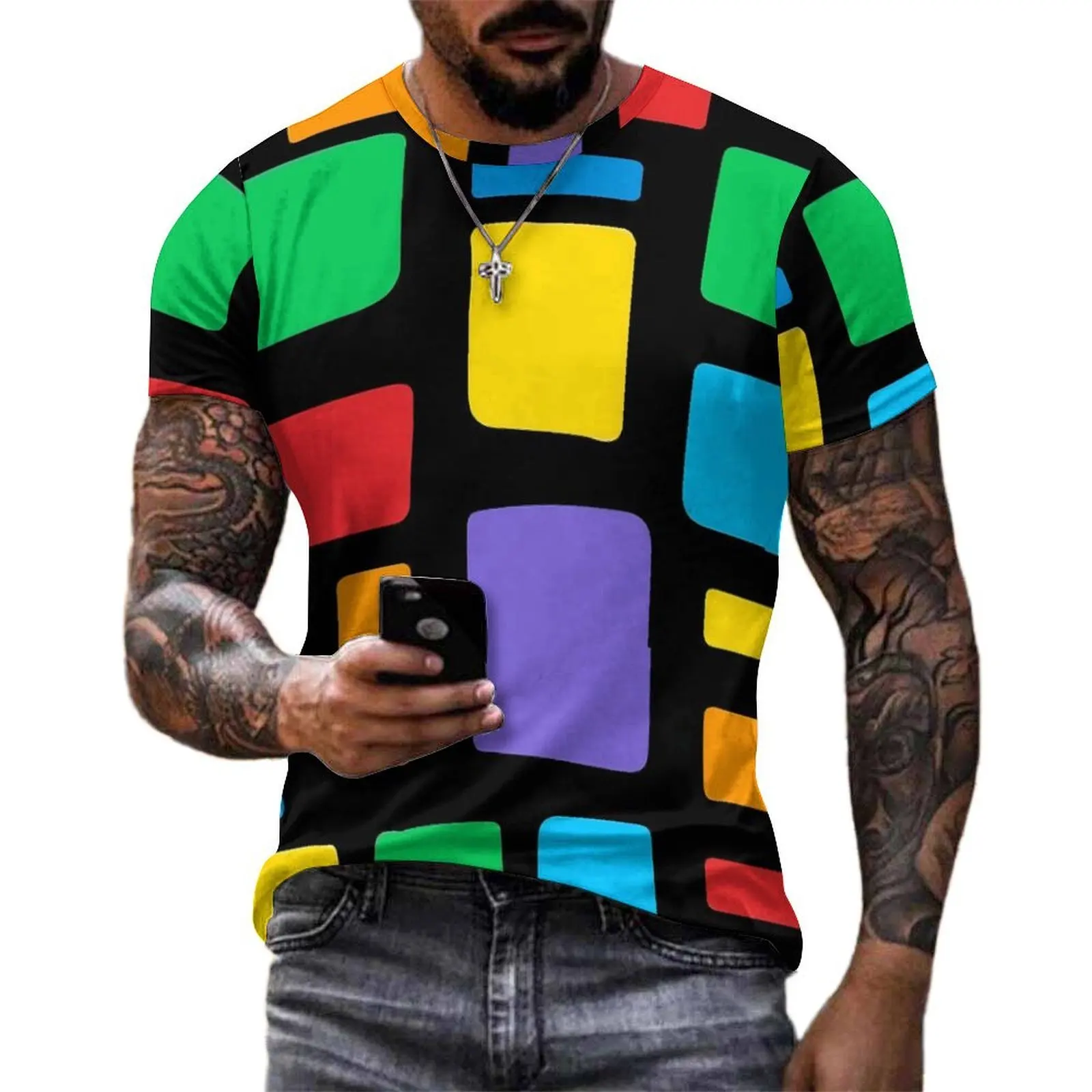 Plus Size T-Shirt Premium Retro Mod T-Shirts Colorful Bricks Geometric Funny O-Neck Tee Shirt Man Popular Custom Top Tees