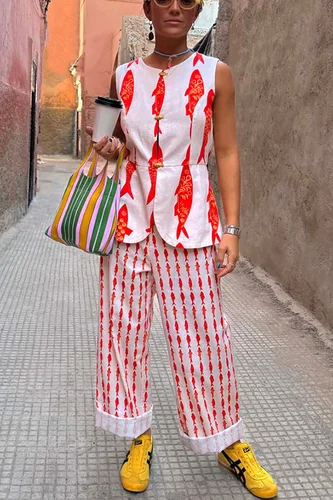 Imagen 2 del producto VEITCHE, conjunto de pantalones largos con estampado de peces rojos de dibujos animados para mujer, camisa de manga corta de verano 2025, pantalón de pierna ancha de cintura alta, conjuntos de 2 piezas