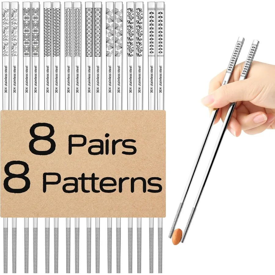 

8 Pairs Reusable 18 8 Stainless Steel Chopsticks Set with Cute Laser Engraved Nonslip Design for Cooking and Eating Ideal for J