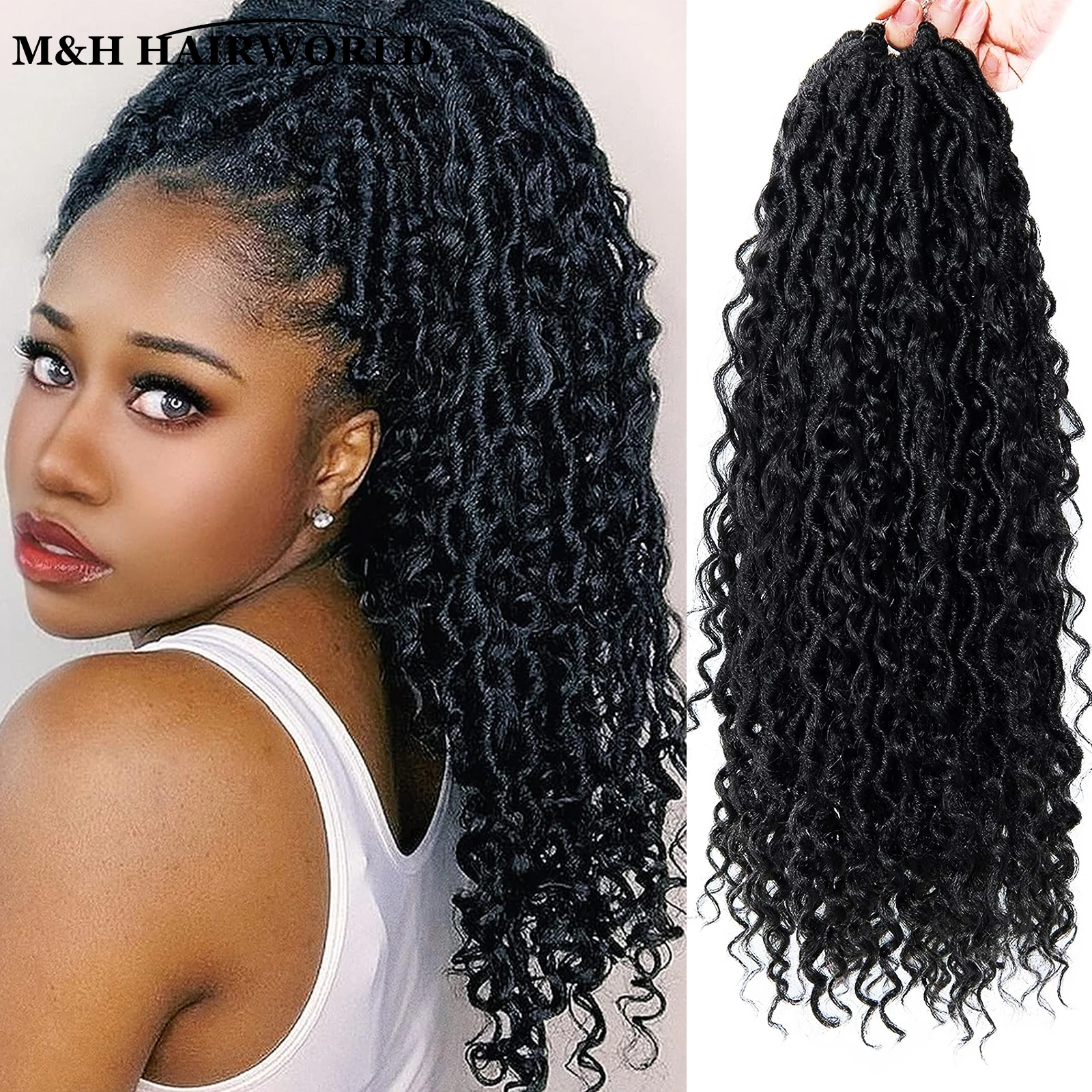 Extensiones de cabello rizado sintético para mujer, trenzas de ganchillo, Color negro, 18 pulgadas, prebucle, diosa, suave