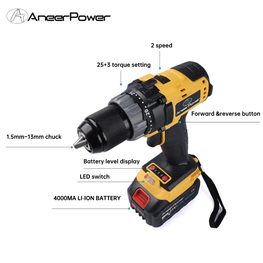 AneerPower 21V Power drill cordless drill 4000 mAh battery with power display function strong power screwdriver power tool.