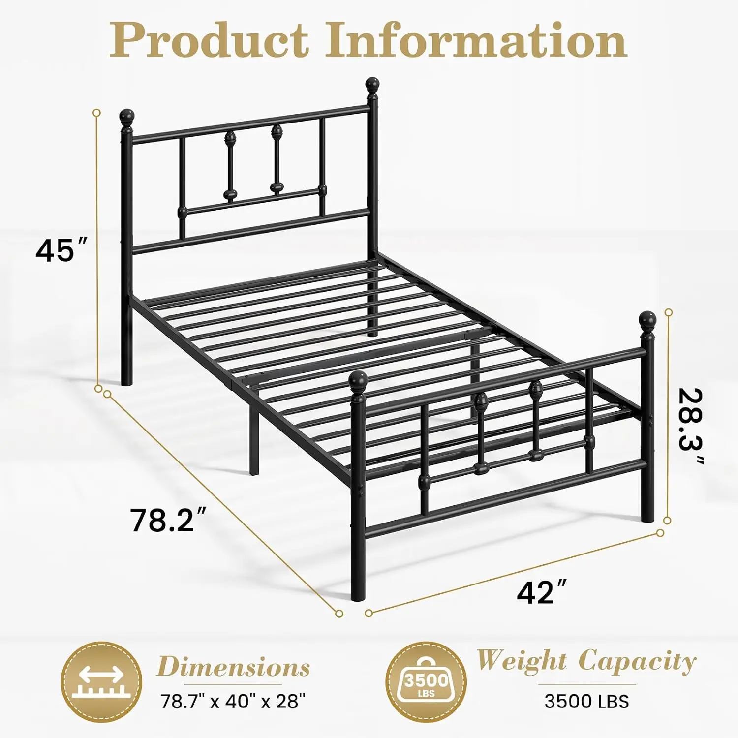 14 Inch Twin Vintage Metal Bed Frame with Headboard & Footboard, Underbed Storage, No Box Spring, Easy Assembly, Customized