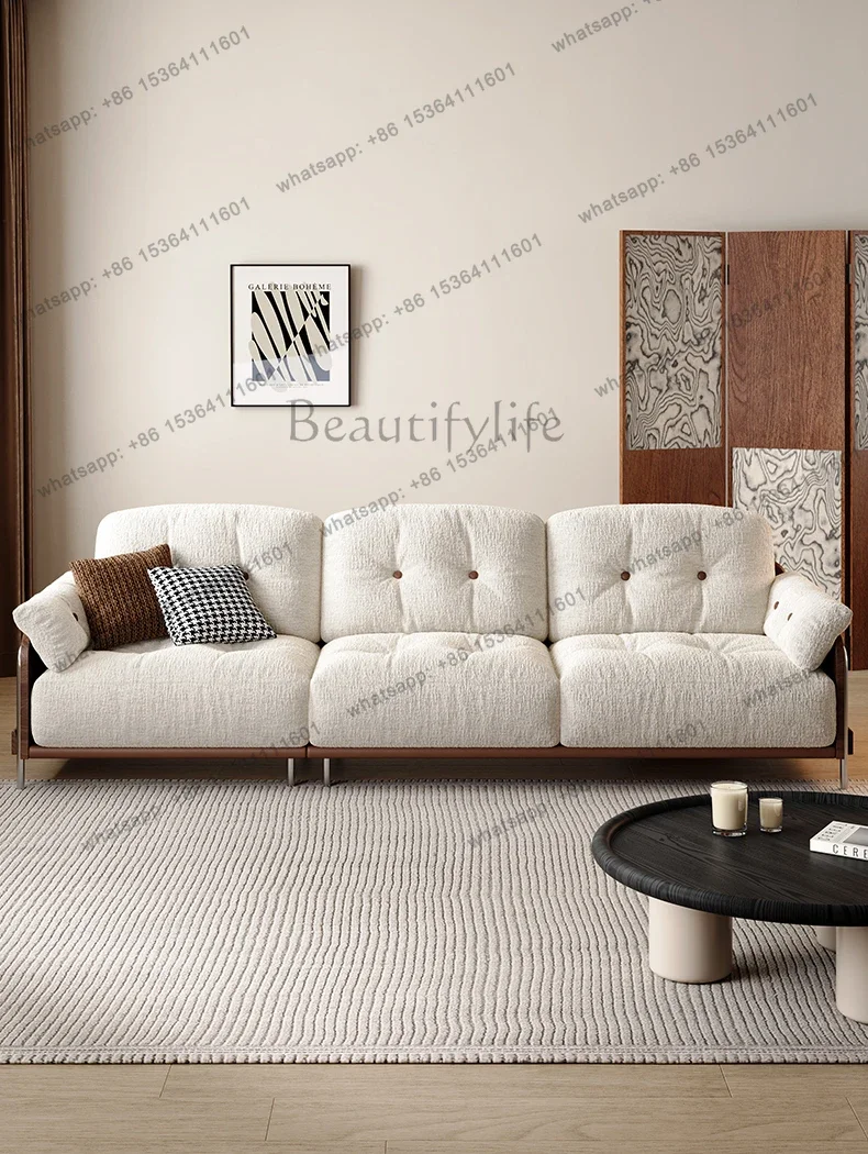 

yj58 Divano in tessuto stile crema piccolo appartamento fila dritta tre persone in legno massello semplice e moderno