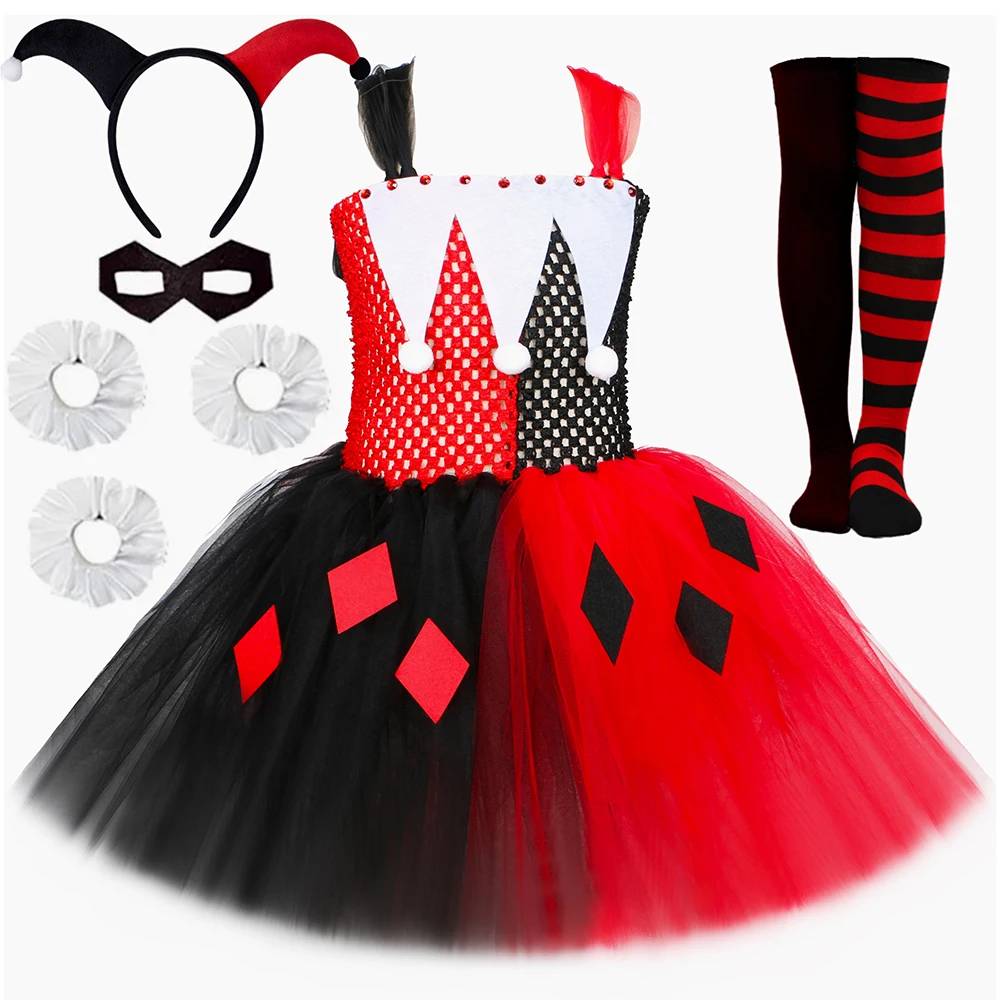 

Harley Clown Costume for Girls Red Black Suicide Joker Tutu Dress Outfits Toddler Girl Halloween Carnival Dress Up Clothes