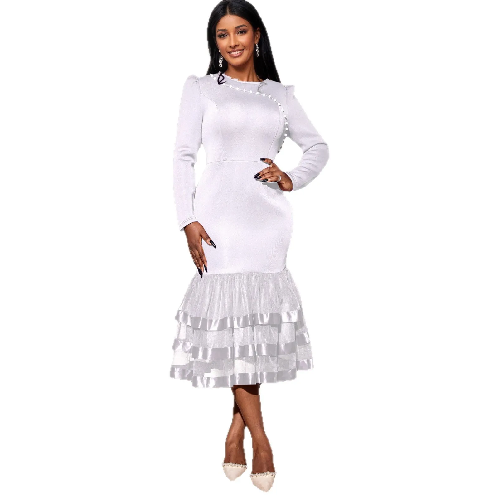 

Eegant Beading Crew Neck Long-sleeved Tiers Mesh Fishtall Mid Length Formal Evening Dress White