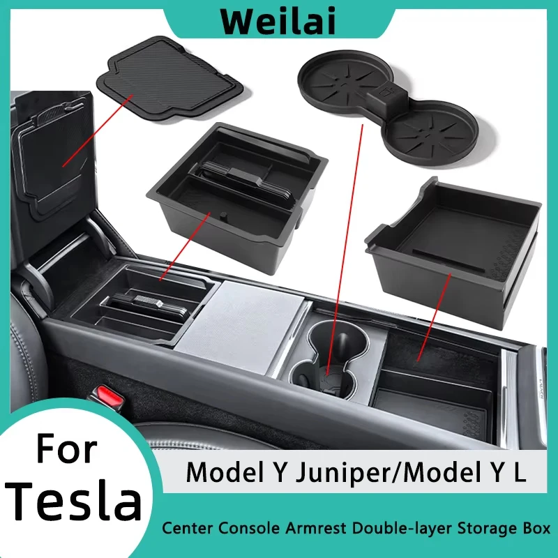 For Tesla Model Y L 2025 2026 Juniper Storage Box ABS Center Console Armrest Double-layer Storage Box Organizer Tray Accessories