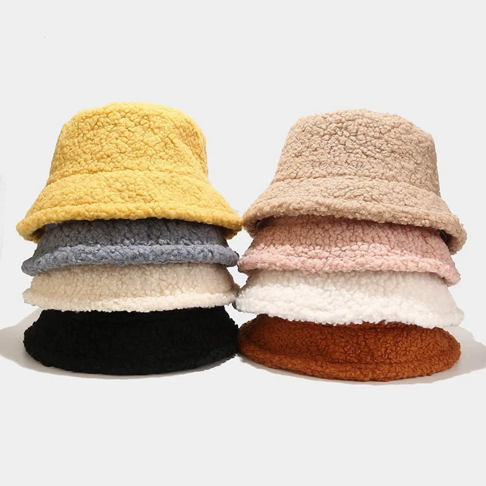 

Unisex Bucket Hat Graffiti Solid Women Men Fishing Fisherman Autumn Winter Lamb Wool Outdoor Warm Cap