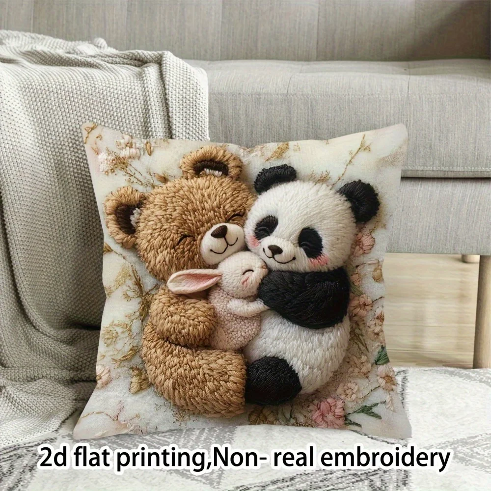 Niedlicher Panda-Bär-Hasen-Kissenbezug 2D Kunststickerei-Druck Kissenhülle Kinderzimmer Heimdekoration Geschenk
