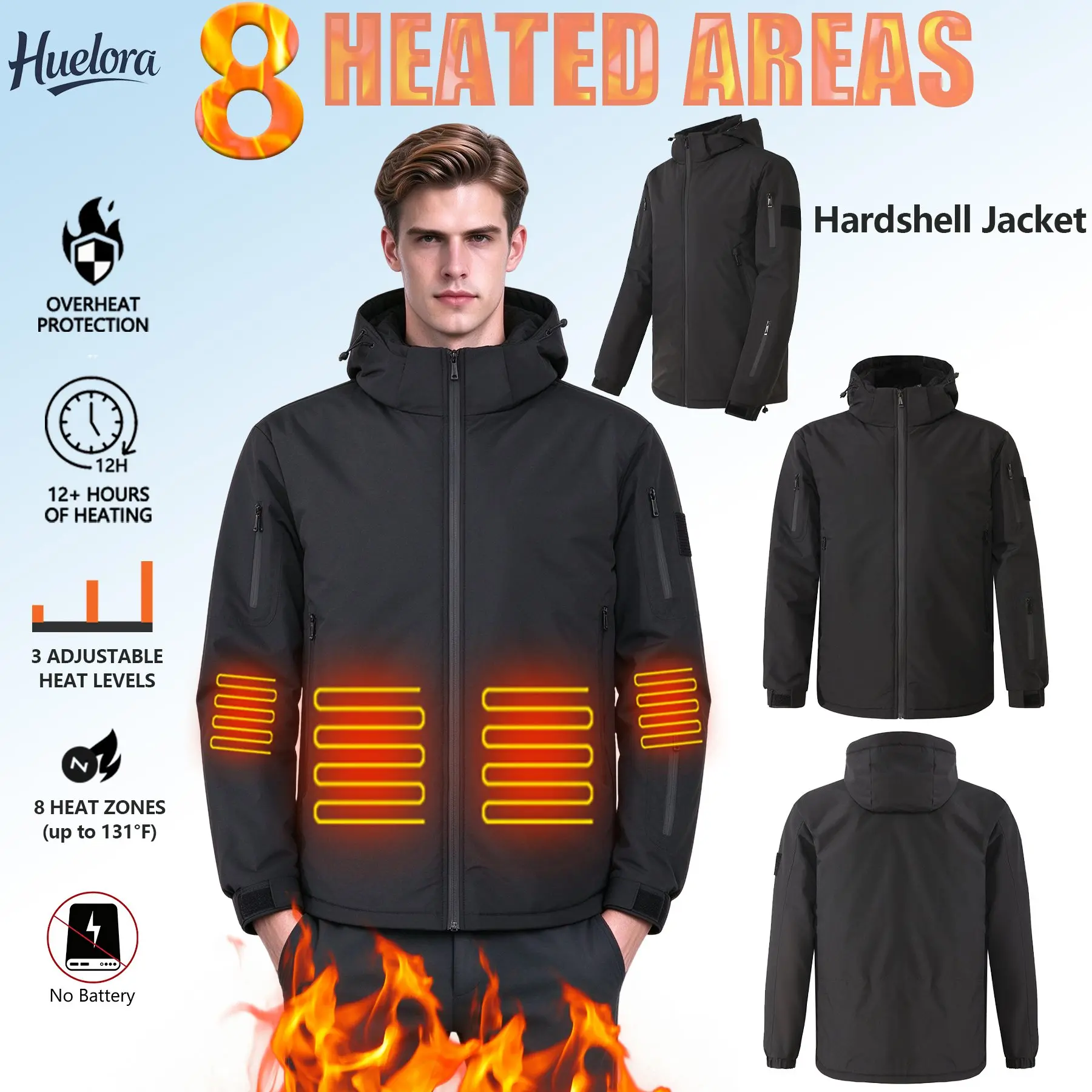 Huelora Men Heated Jacket with Hood 8 Heating Zones 3 Heat Levels Waterproof Windproof Hardshell Warm Heating Coat for Outdoor