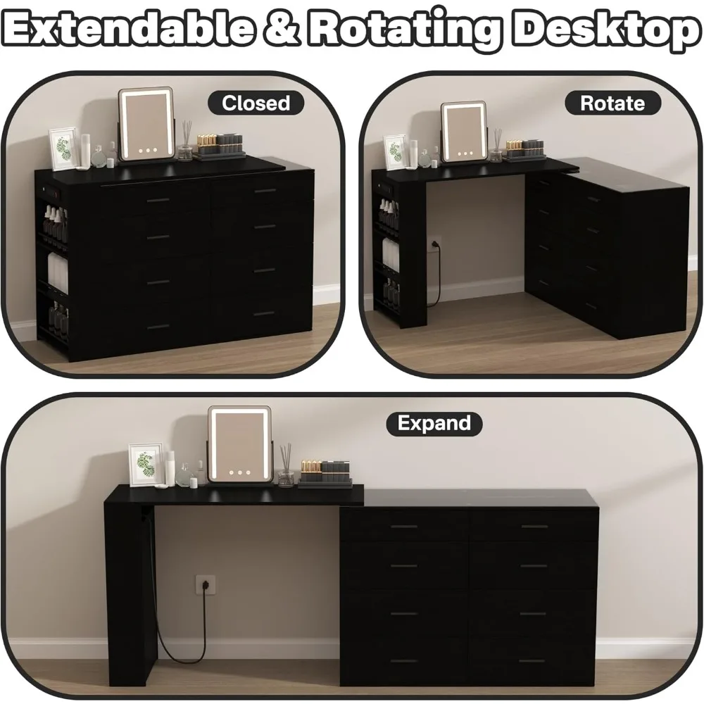 مكتب مكياج مضيء بإضاءة LED مع سطح زجاجي، 8 أدراج، 3 أرفف تخزين، طاولة تزيين لعشاق التجميل #3