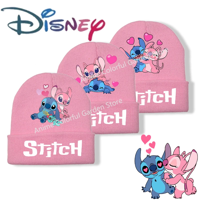 Disney Stitch Kids Knitted Hat Girls Autumn Winter Windproof Warm Pink Knit Cap Anime Cartoon Kawaii Hats Children Fashion Caps