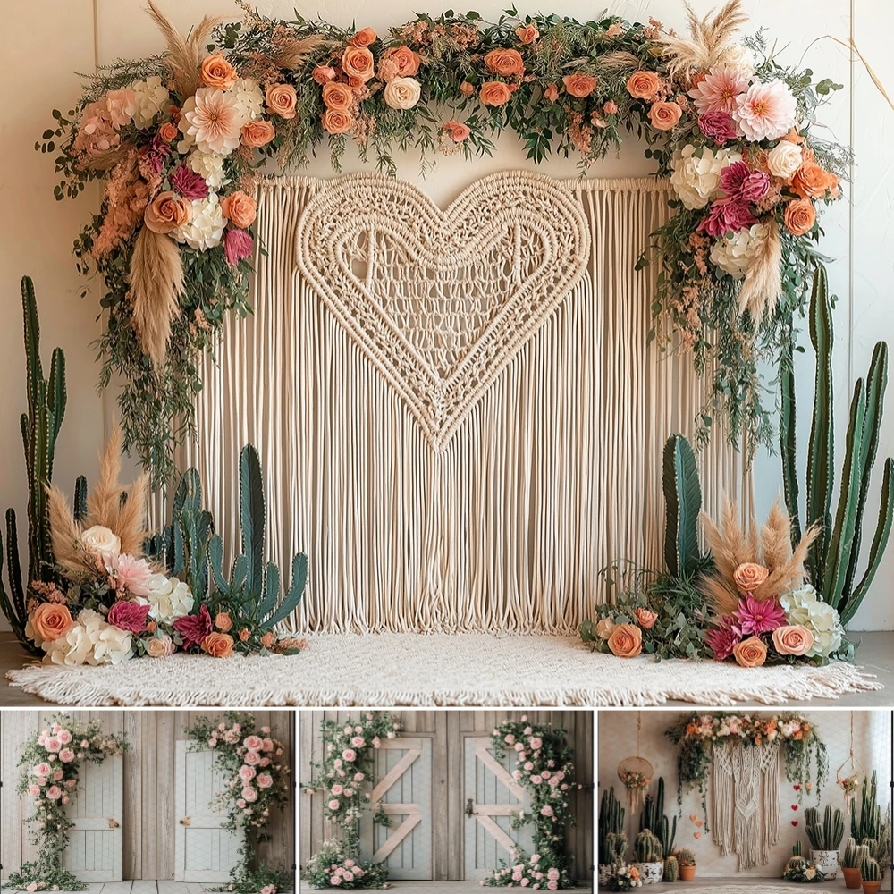 

Spring Bohemia Living Room Photography Backdrop Cactus Flowers White Wall Decor Easter Birthday Backdrop Shoot Studio