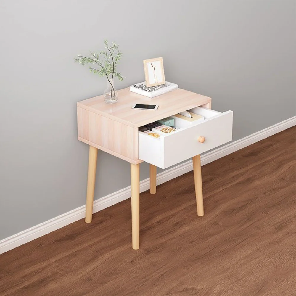 Modern with Drawer Nightstand , Bedside Table with Solid Wood Legs, Adorable Practical End Side Table with Open Storage Shelf
