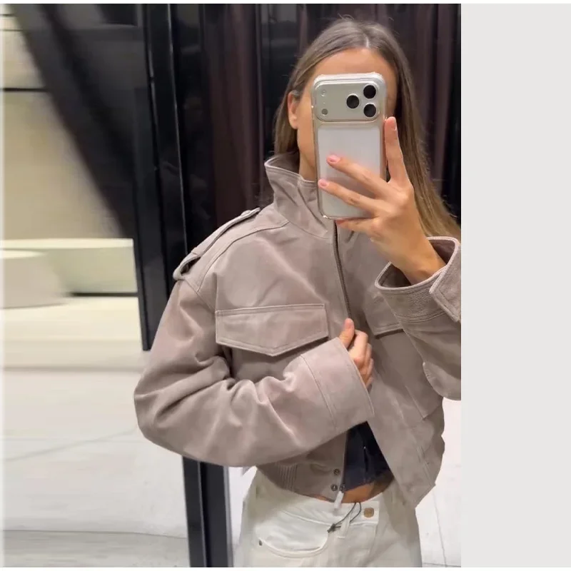 Gray Cropped Jacket Stand Collar Zip Up Cargo Coat With Shoulder Straps Long Sleeve Women Streetwear Outerwear 261001