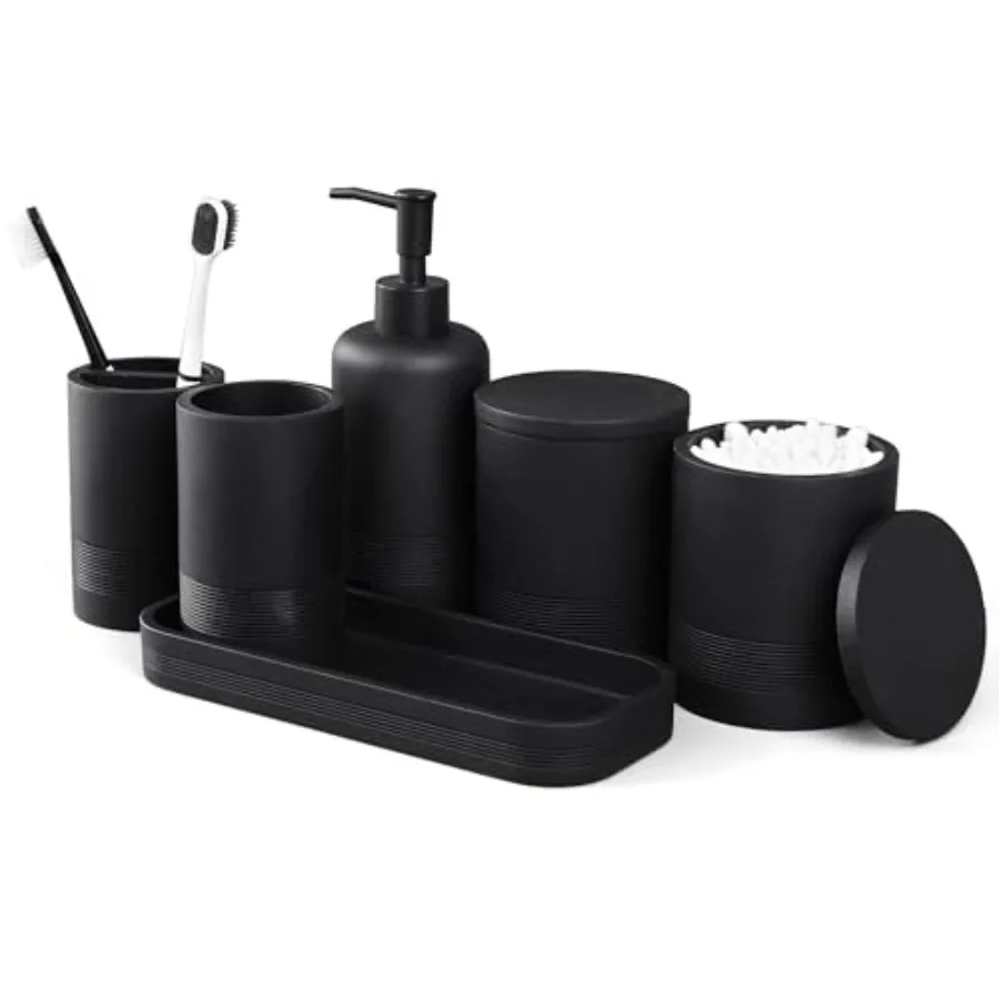 

6-Piece Bathroom Accessories Set Organizer Set with Soap Dispenser Toothbrush Holder Set Vanity Tray Tumbler and 2 Cotton Swab