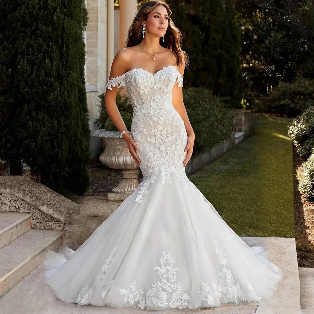Customized Elegant Boho Off The Shoulder Woman's Wedding Dresses Appliques Mermaid Fuffy Tulle Bride Gowns Vestidos De Novia