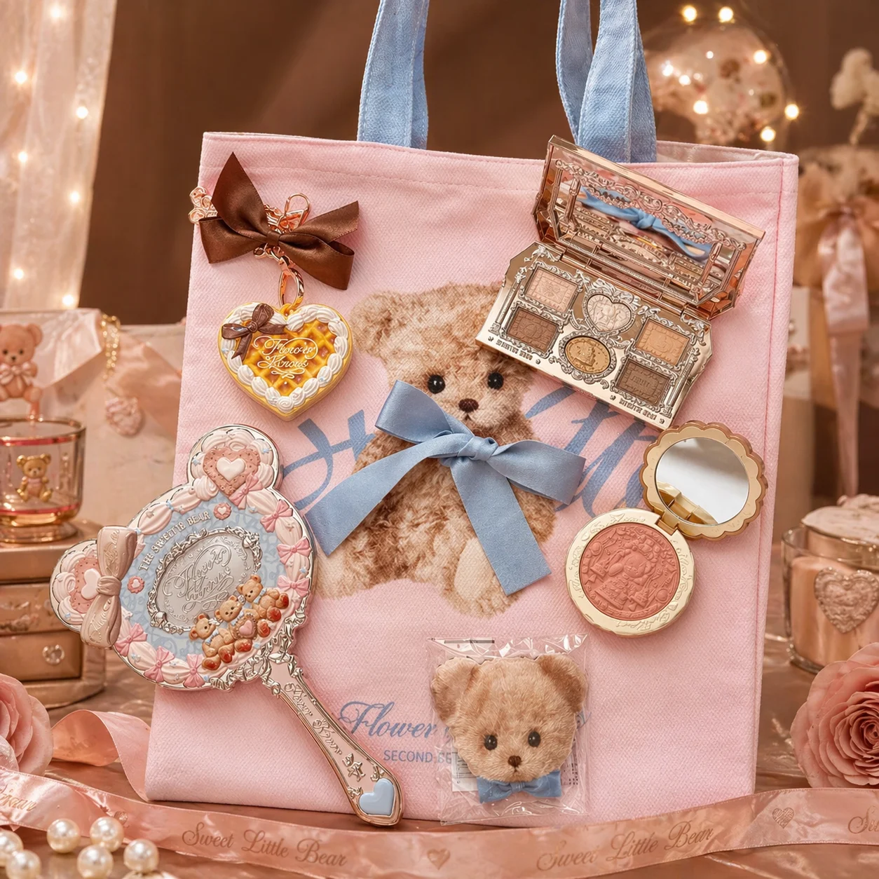 Flower Knows Pop Up Exclusive Sweetie Bear Makeup Set Canvas Bag Eyeshadow Blush Lip Jelly Kit Limited Edition Cute Makeup Gift