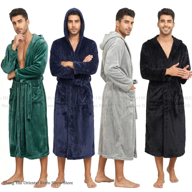 Autumn Winter New Men's Robe Kimono Gown Homewear Thicken Flannel Bathrobe Loungewear Coral Fleece Hooded Loungewear Pajama