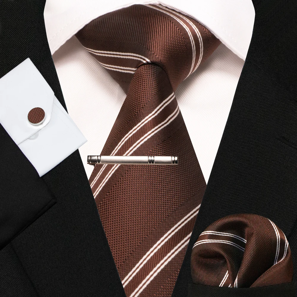 KAMBERFT Neue Klassische Seidenkrawatte für Herren Rot-Gold Gestreift Herrenkrawatte Taschentuch Manschettenknöpfe Set Hochzeit Business Party Gravatas – Detail 34