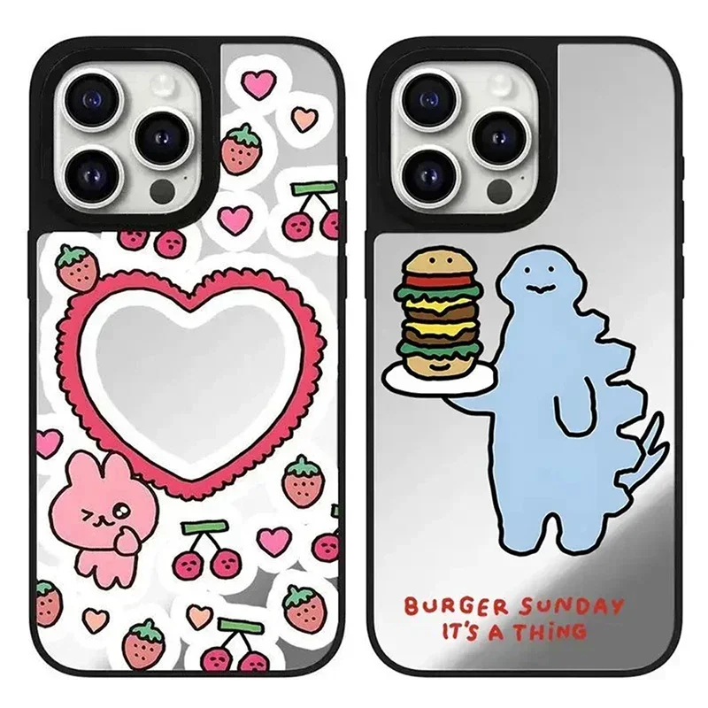 Cartoon Dinosaur Hamburger iPhone 11 12 13 14 15 Pro Max Mirror Surface MagSafe Case Cover Shell