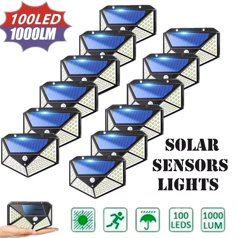 1/2/4/6/10/12PCS 100 LED Solar Wall Lamp 4 Sides Luminous With Motion Sensor Outdoor Garden Courtyard Waterproof Wall Light