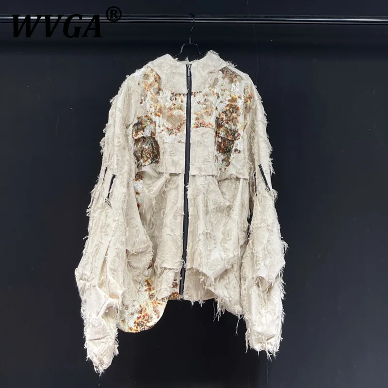 

WVGA Spring Autumn New Man Tide High Street Lace Patckwork Design Trendy Long Sleeve Hooded Jacket Niche Chic Casual Coats W9527