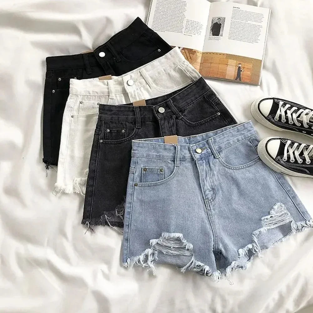 Pants Shorts Light Blue Loose Microelasticity Ripped Shorts Versatile White Wide Leg Pants Womens All Seasons Black