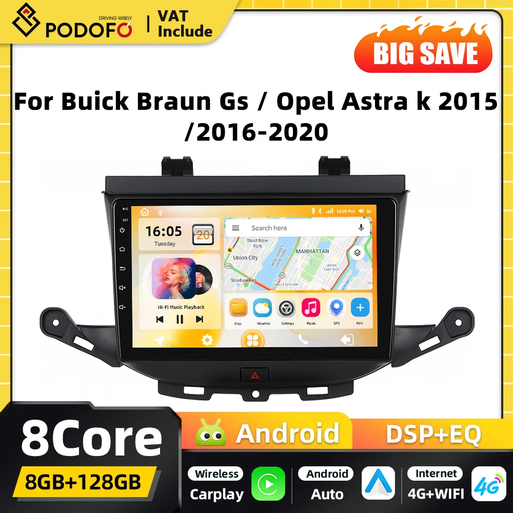 Podofo 8CORE Carplay 2DIN Android Radio Samochodowe Multimedialny Odtwarzacz Dla BUICK Braun GS 2015 Opel ASTRA K 2016-2020 GPS Autoradio FM RDS